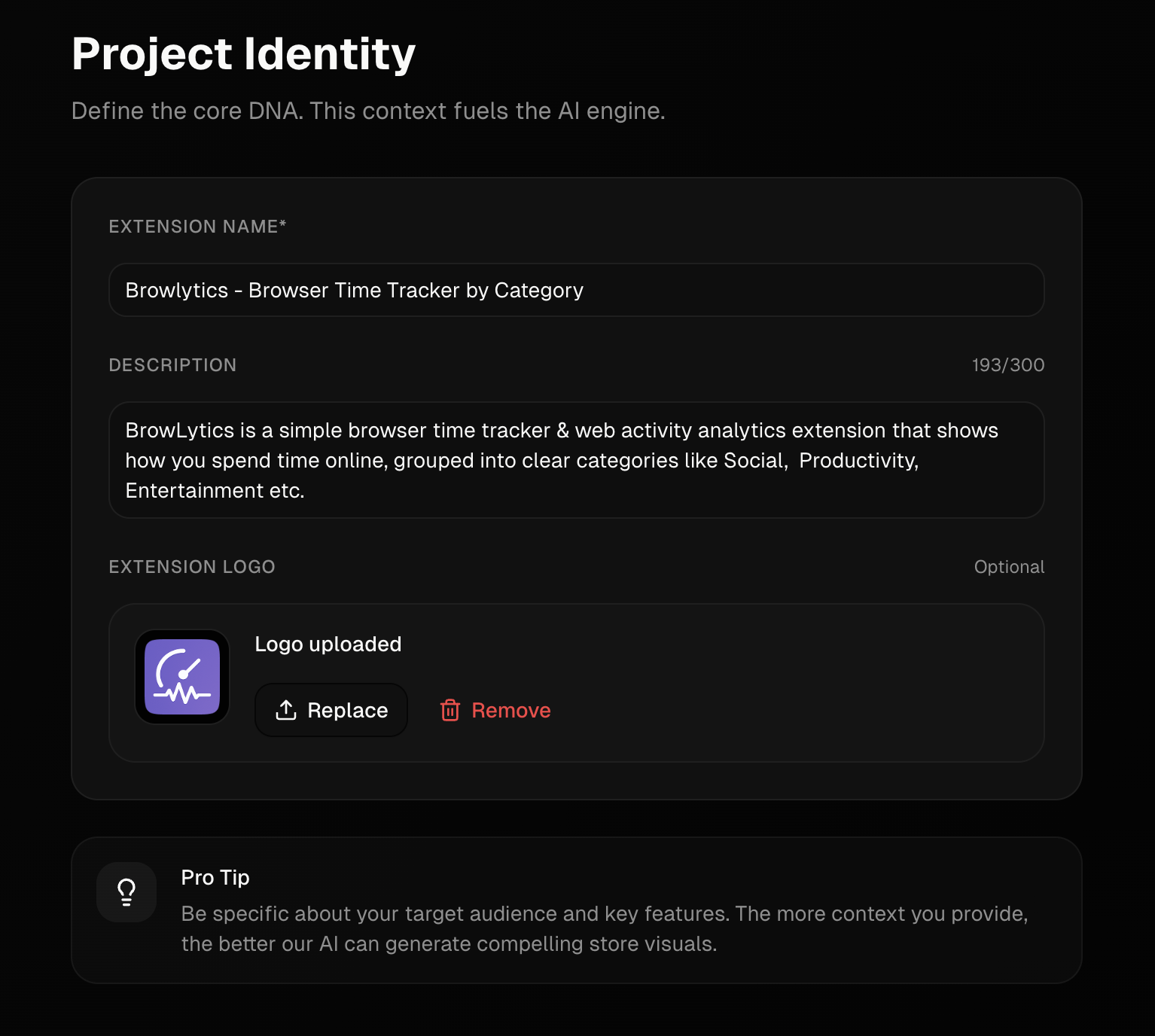 StorePix step 01: Define Identity — Set the context for your extension. Tell AI what your product does, and we'll ta
