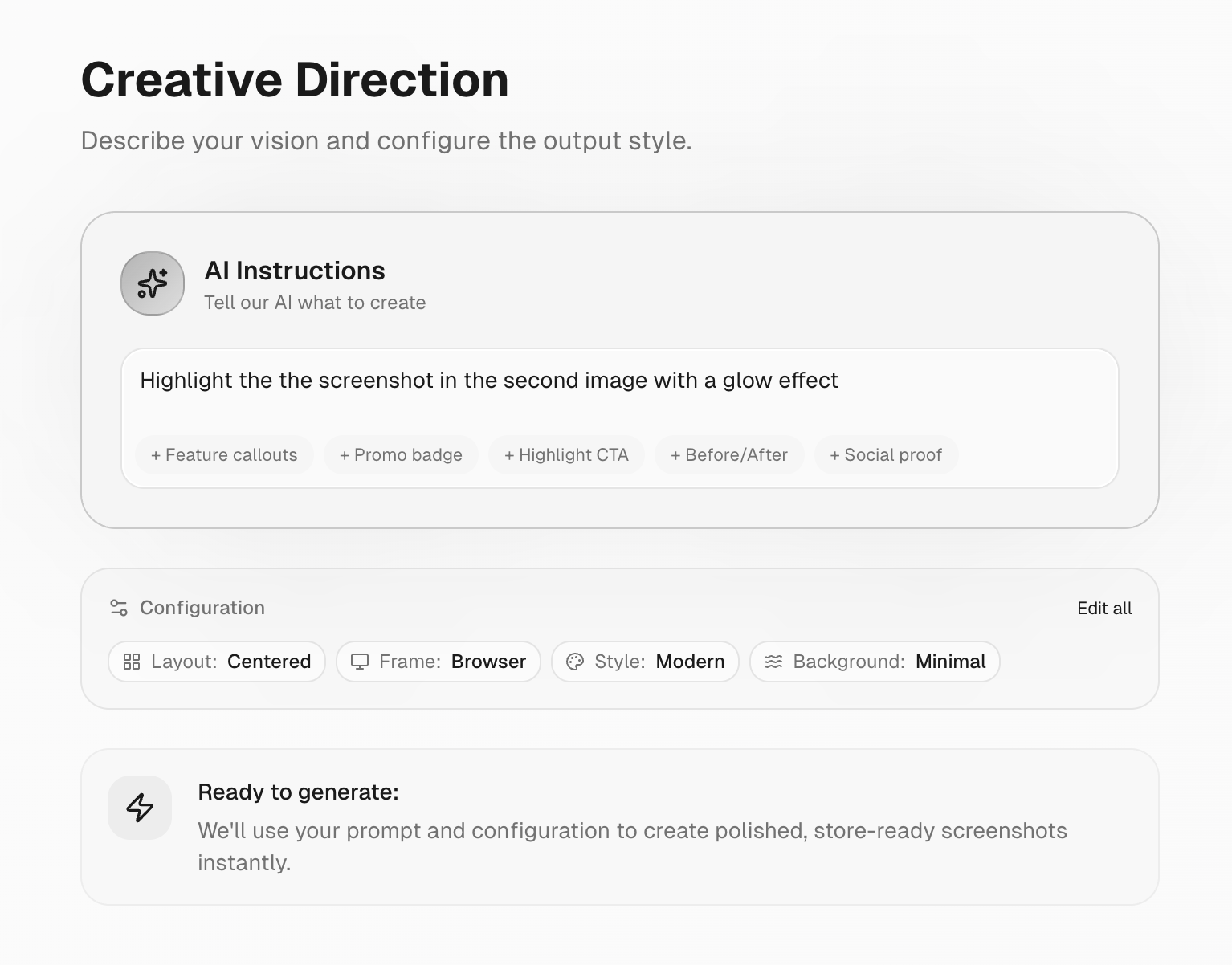 StorePix step 03: AI Magic — Describe your vision with simple prompts. "Dark mode", "Gradient background", "M
